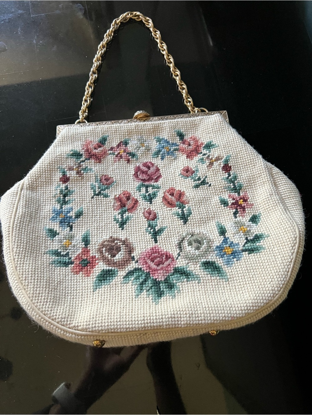 Vintage Floral Beaded White Handbag with Gold Chain Handle